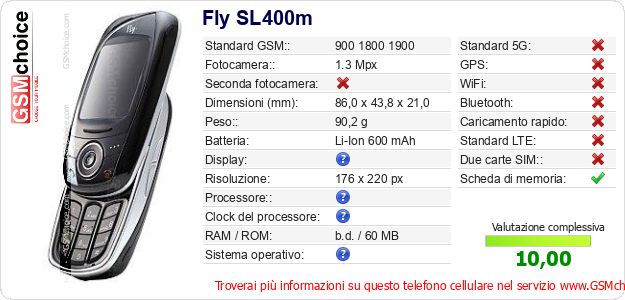 Fly SL400m Dati tecnici di telefono cellulare Fly SL400m Dati tecnici di telefono cellulare