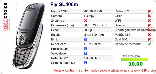 Fly SL400m Especificações técnicas do telemóvel Fly SL400m Especificações técnicas do telemóvel