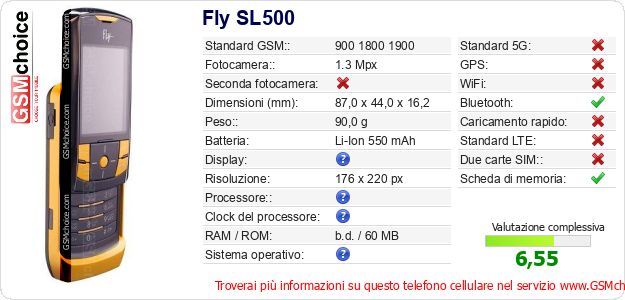 Fly SL500 Dati tecnici di telefono cellulare Fly SL500 Dati tecnici di telefono cellulare