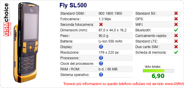 Fly SL500 Dati tecnici di telefono cellulare 