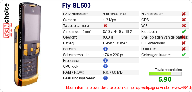 Fly SL500 Technische gegevens Fly SL500 Technische gegevens