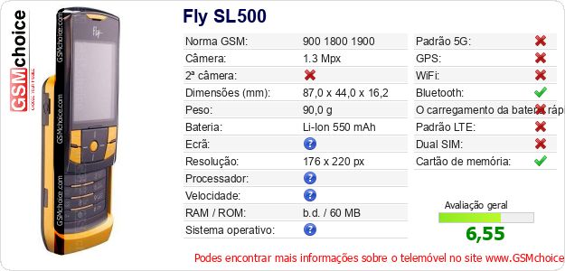 Fly SL500 Especificações técnicas do telemóvel Fly SL500 Especificações técnicas do telemóvel