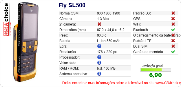 Fly SL500 Especificações técnicas do telemóvel Fly SL500 Especificações técnicas do telemóvel