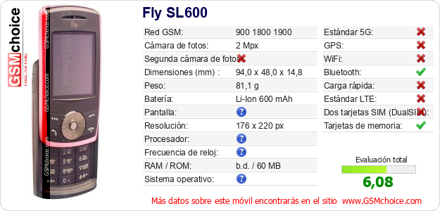 Fly SL600 Datos técnicos del móvil 