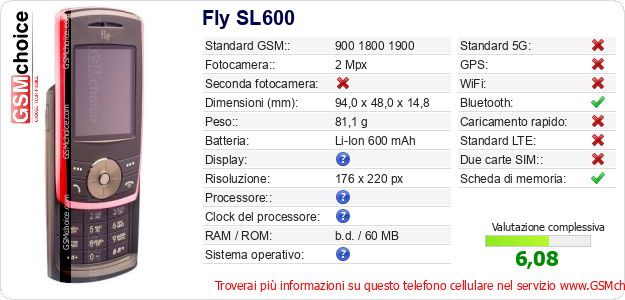 Fly SL600 Dati tecnici di telefono cellulare 