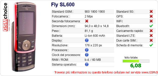 Fly SL600 Dati tecnici di telefono cellulare Fly SL600 Dati tecnici di telefono cellulare