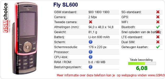 Fly SL600 Technische gegevens Fly SL600 Technische gegevens