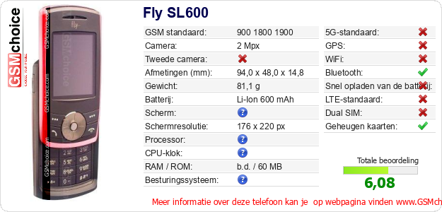 Fly SL600 Technische gegevens 