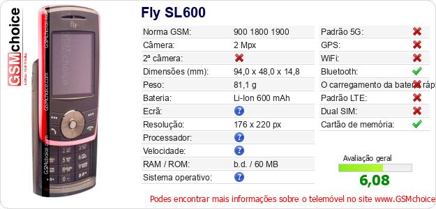 Fly SL600 Especificações técnicas do telemóvel 