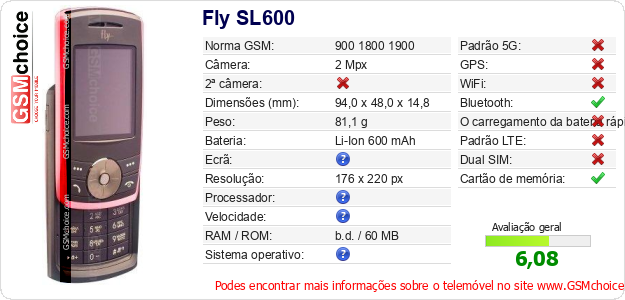Fly SL600 Especificações técnicas do telemóvel 