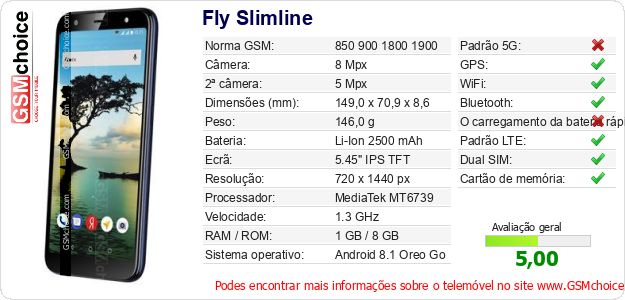 Fly Slimline Especificações técnicas do telemóvel Fly Slimline Especificações técnicas do telemóvel