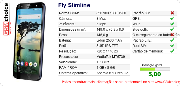Fly Slimline Especificações técnicas do telemóvel Fly Slimline Especificações técnicas do telemóvel