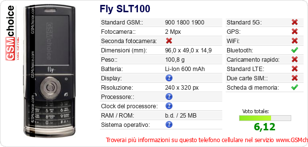Fly SLT100 Dati tecnici di telefono cellulare 