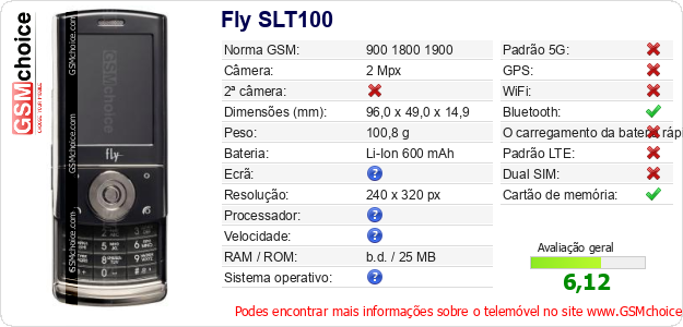 Fly SLT100 Especificações técnicas do telemóvel Fly SLT100 Especificações técnicas do telemóvel