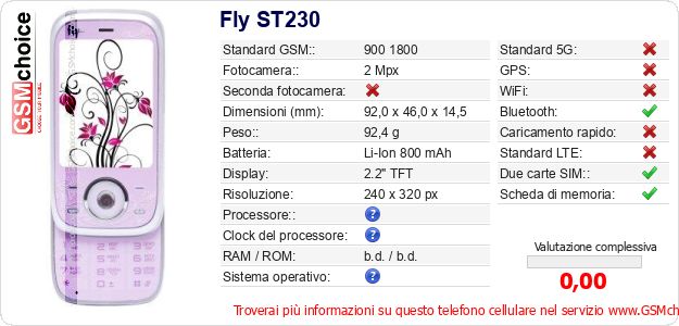 Fly ST230 Dati tecnici di telefono cellulare Fly ST230 Dati tecnici di telefono cellulare