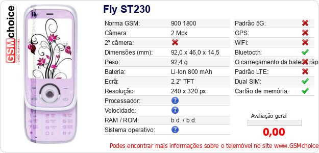 Fly ST230 Especificações técnicas do telemóvel Fly ST230 Especificações técnicas do telemóvel