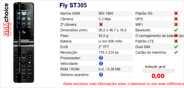Fly ST305 Especificações técnicas do telemóvel Fly ST305 Especificações técnicas do telemóvel
