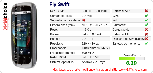 Fly Swift Datos técnicos del móvil Fly Swift Datos técnicos del móvil
