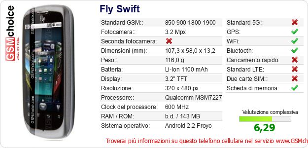 Fly Swift Dati tecnici di telefono cellulare Fly Swift Dati tecnici di telefono cellulare