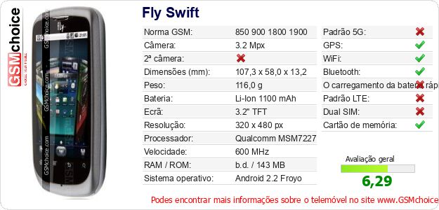 Fly Swift Especificações técnicas do telemóvel Fly Swift Especificações técnicas do telemóvel