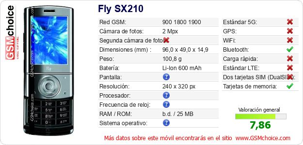 Fly SX210 Datos técnicos del móvil Fly SX210 Datos técnicos del móvil