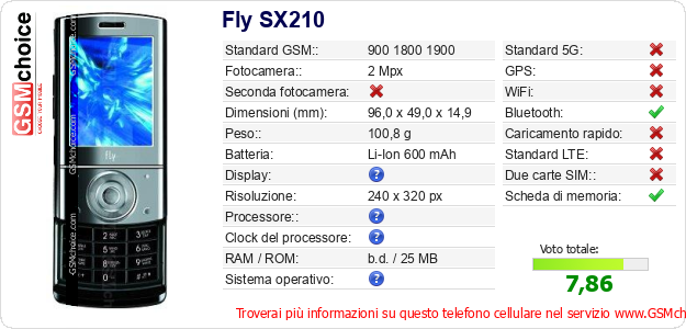 Fly SX210 Dati tecnici di telefono cellulare Fly SX210 Dati tecnici di telefono cellulare