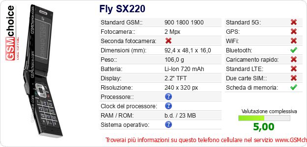 Fly SX220 Dati tecnici di telefono cellulare Fly SX220 Dati tecnici di telefono cellulare