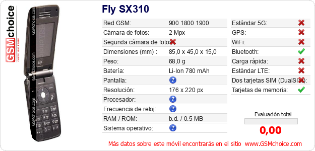 Fly SX310 Datos técnicos del móvil Fly SX310 Datos técnicos del móvil
