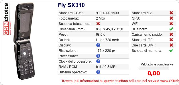 Fly SX310 Dati tecnici di telefono cellulare 