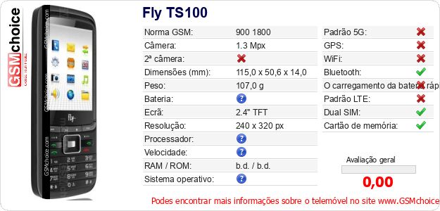 Fly TS100 Especificações técnicas do telemóvel 