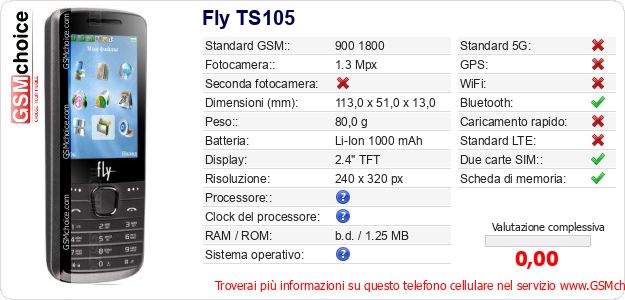 Fly TS105 Dati tecnici di telefono cellulare 