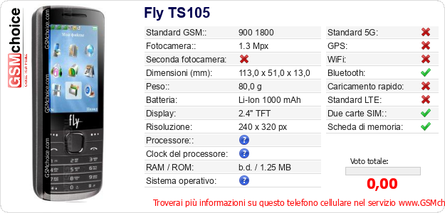 Fly TS105 Dati tecnici di telefono cellulare Fly TS105 Dati tecnici di telefono cellulare