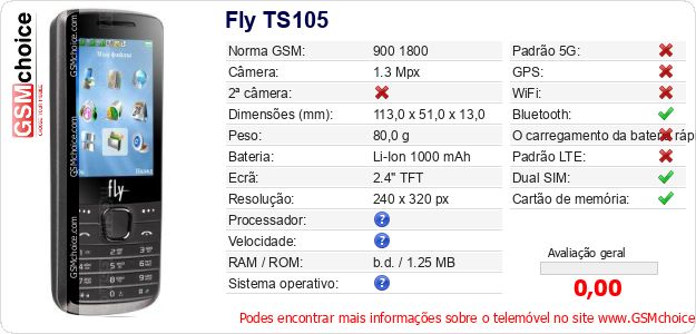 Fly TS105 Especificações técnicas do telemóvel Fly TS105 Especificações técnicas do telemóvel