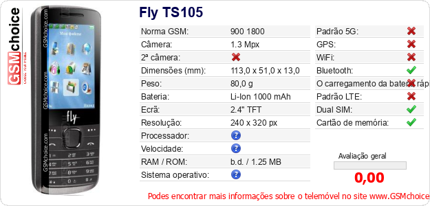 Fly TS105 Especificações técnicas do telemóvel 