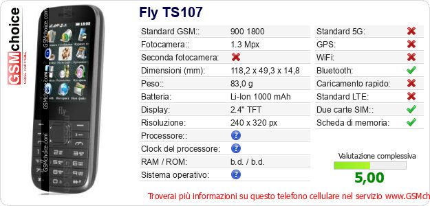 Fly TS107 Dati tecnici di telefono cellulare 