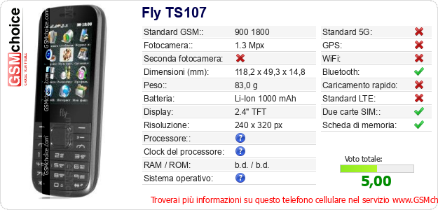 Fly TS107 Dati tecnici di telefono cellulare Fly TS107 Dati tecnici di telefono cellulare