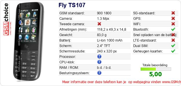 Fly TS107 Technische gegevens Fly TS107 Technische gegevens