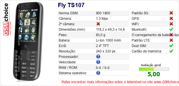 Fly TS107 Especificações técnicas do telemóvel Fly TS107 Especificações técnicas do telemóvel