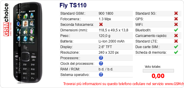 Fly TS110 Dati tecnici di telefono cellulare Fly TS110 Dati tecnici di telefono cellulare
