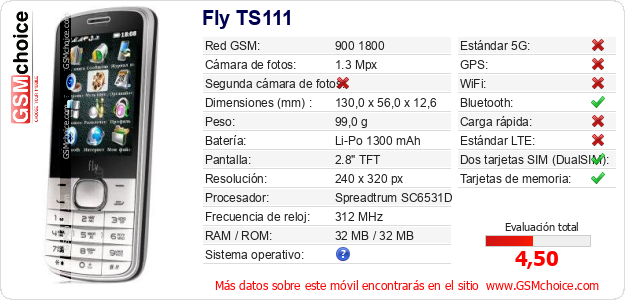 Fly TS111 Datos técnicos del móvil 