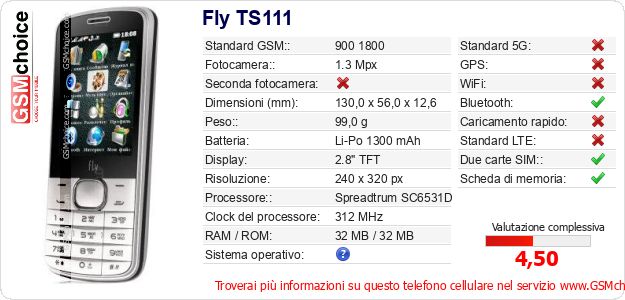 Fly TS111 Dati tecnici di telefono cellulare 