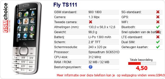 Fly TS111 Technische gegevens Fly TS111 Technische gegevens