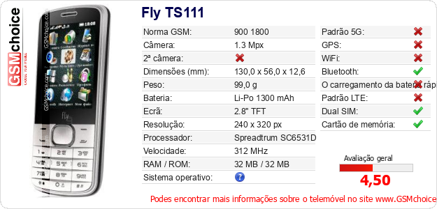 Fly TS111 Especificações técnicas do telemóvel 