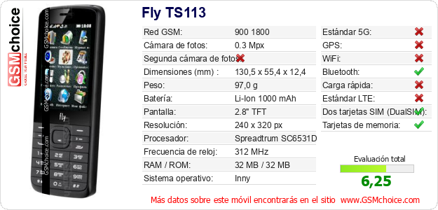 Fly TS113 Datos técnicos del móvil 