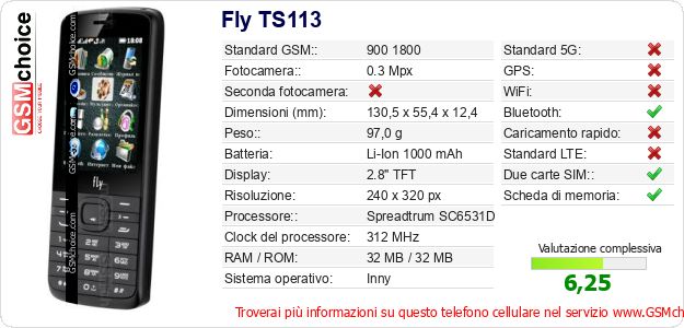 Fly TS113 Dati tecnici di telefono cellulare 