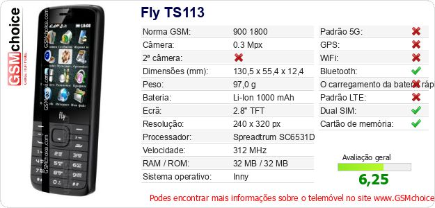 Fly TS113 Especificações técnicas do telemóvel Fly TS113 Especificações técnicas do telemóvel