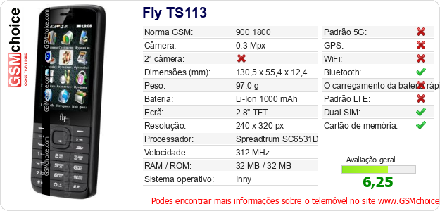 Fly TS113 Especificações técnicas do telemóvel 