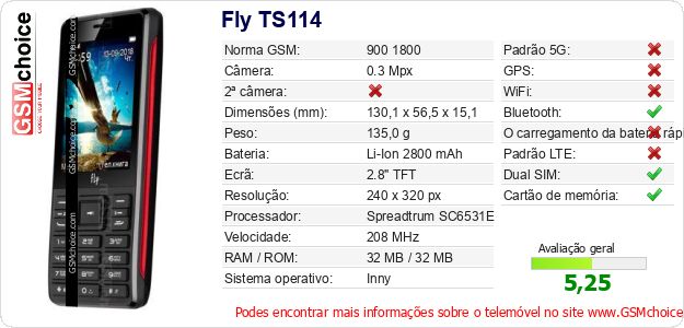 Fly TS114 Especificações técnicas do telemóvel Fly TS114 Especificações técnicas do telemóvel