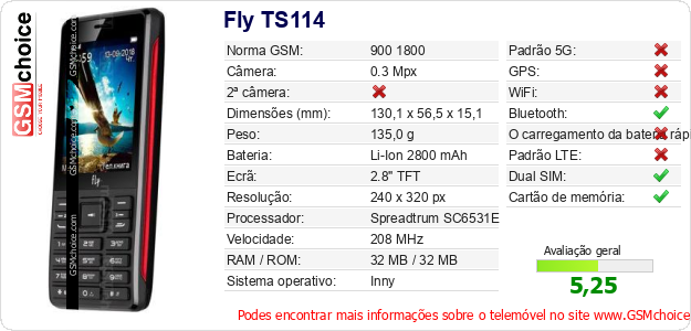 Fly TS114 Especificações técnicas do telemóvel 