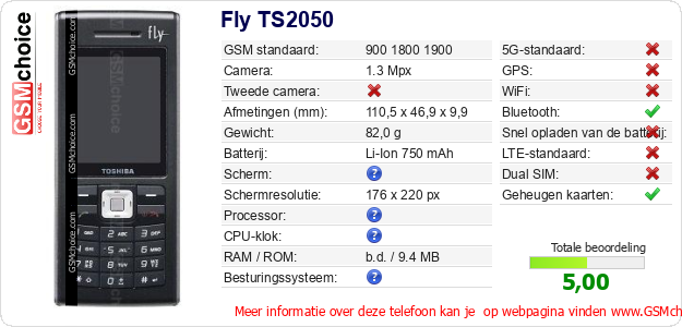 Fly TS2050 Technische gegevens 